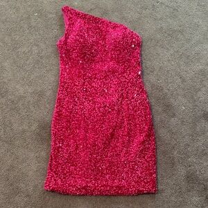 One-Shoulder Velvet-Sequin Dress in Hot Pink